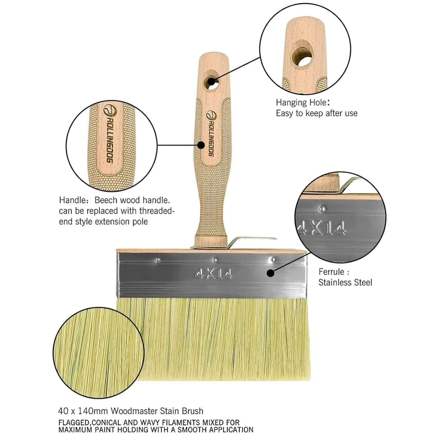 Close-up of ROLLINGDOG limewash brush bristles and wooden handle craftsmanship