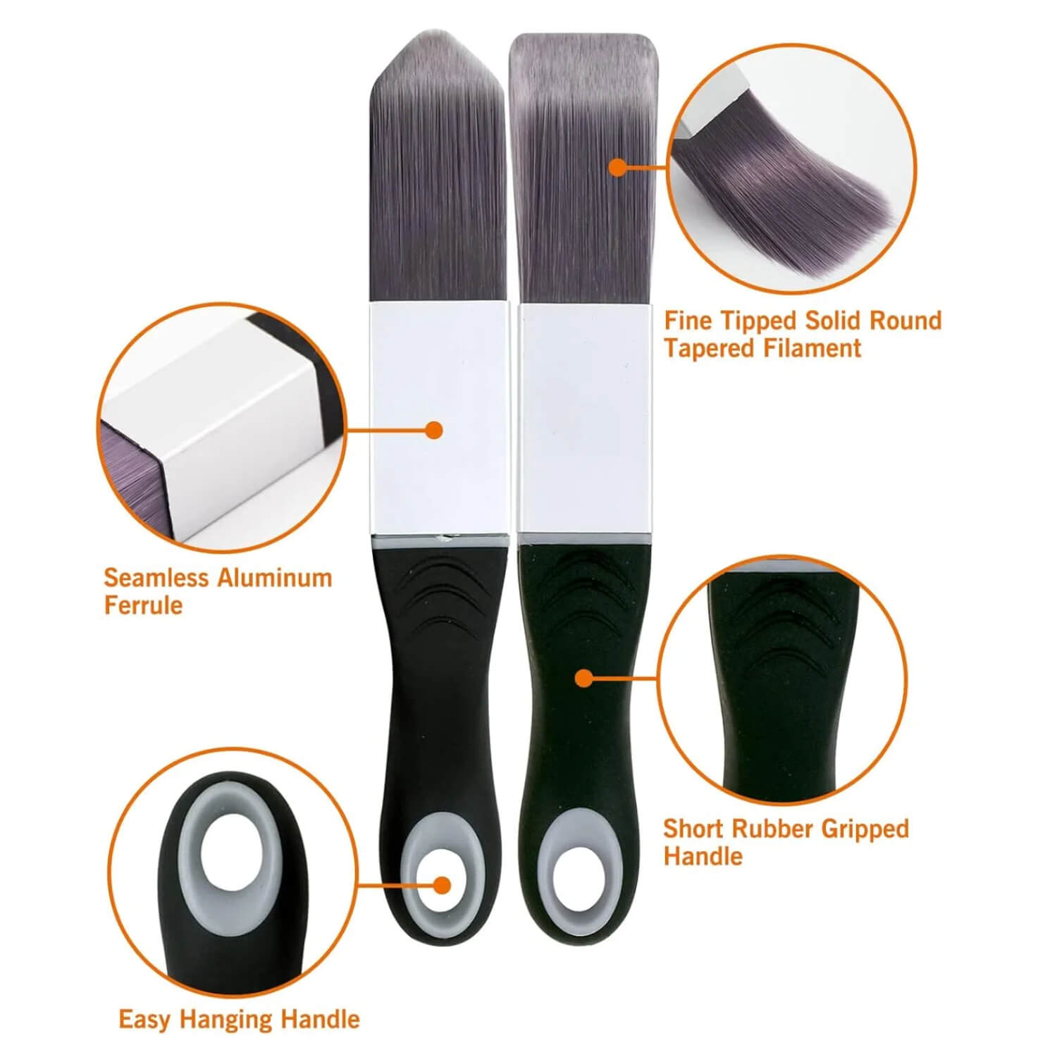 Close-up of ROLLINGDOG trim paint brush bristles and ergonomic handle design