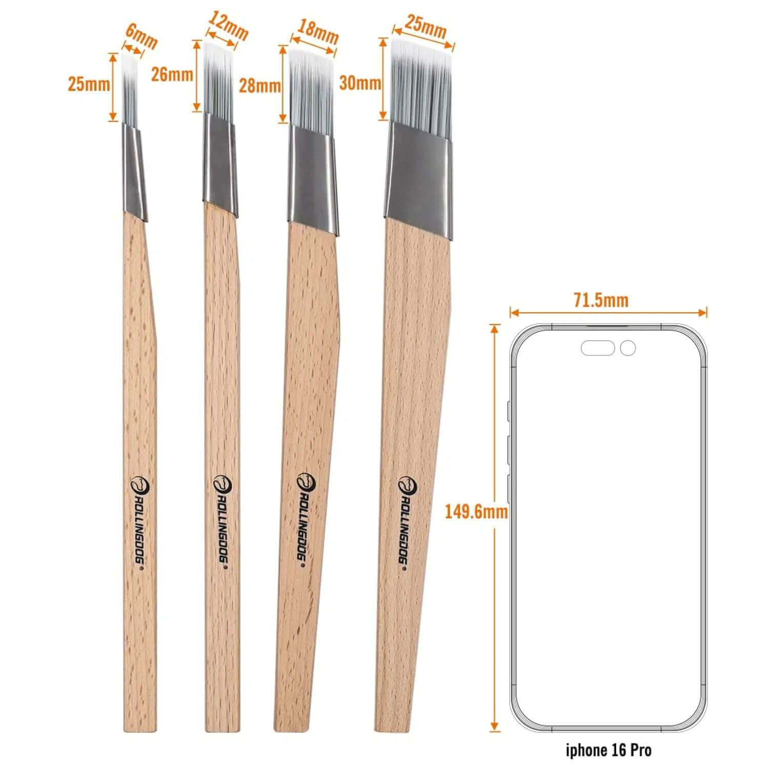 Size chart showing dimensions of ROLLINGDOG 4-piece trim paint brush set