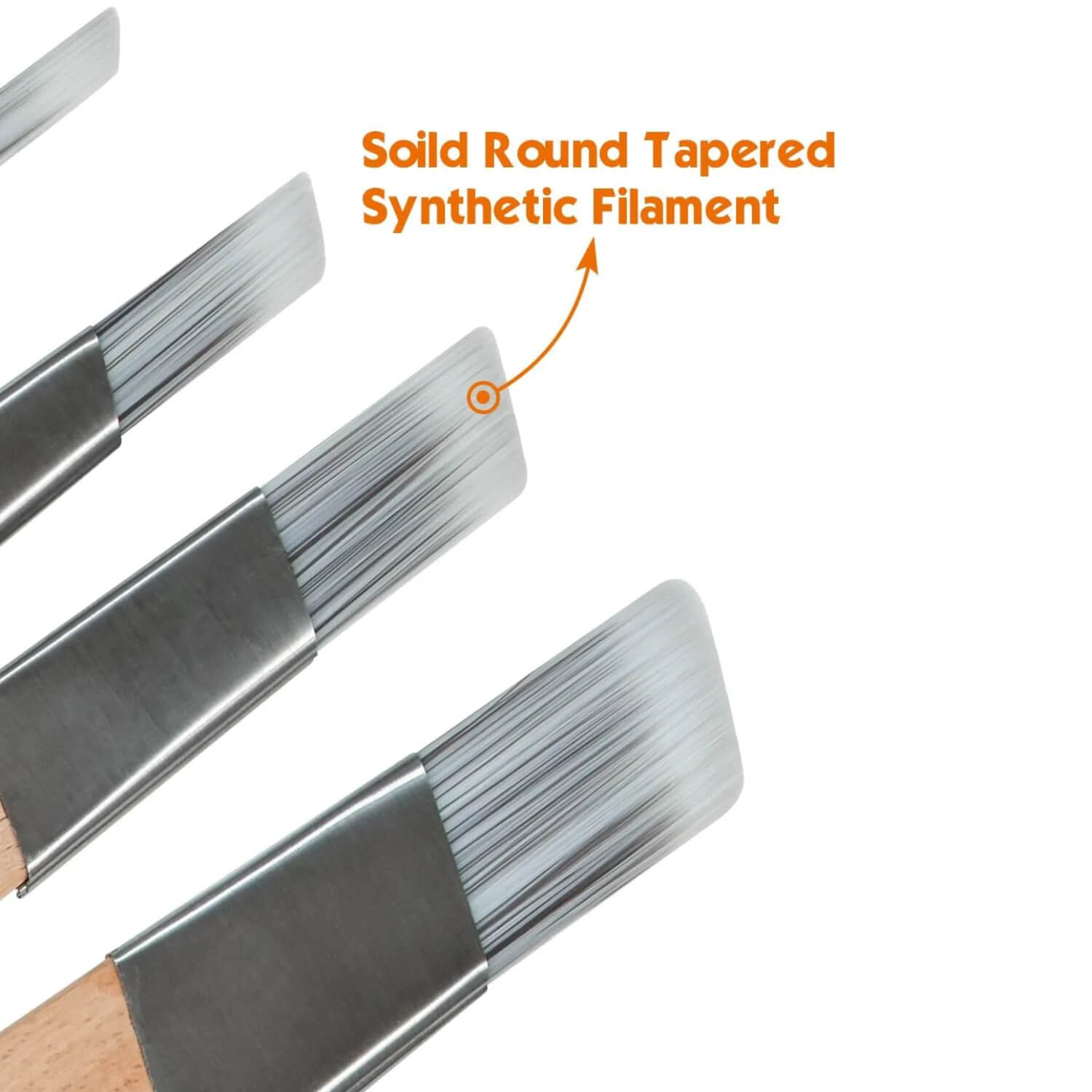 Close-up of ROLLINGDOG trim brush with solid round tapered synthetic filament for smooth paint flow