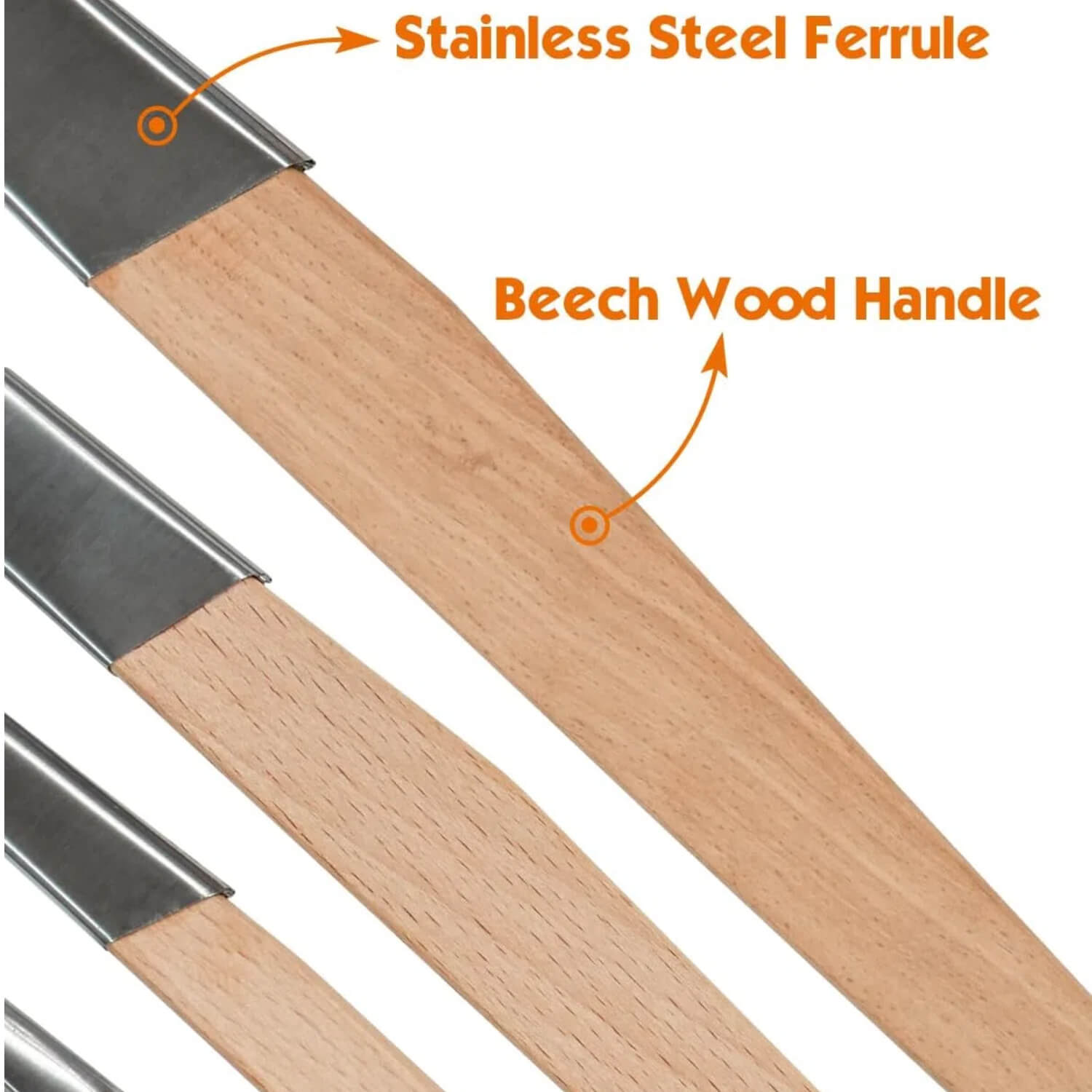 Detail view of ROLLINGDOG trim brush with stainless steel ferrule and beech wood handle