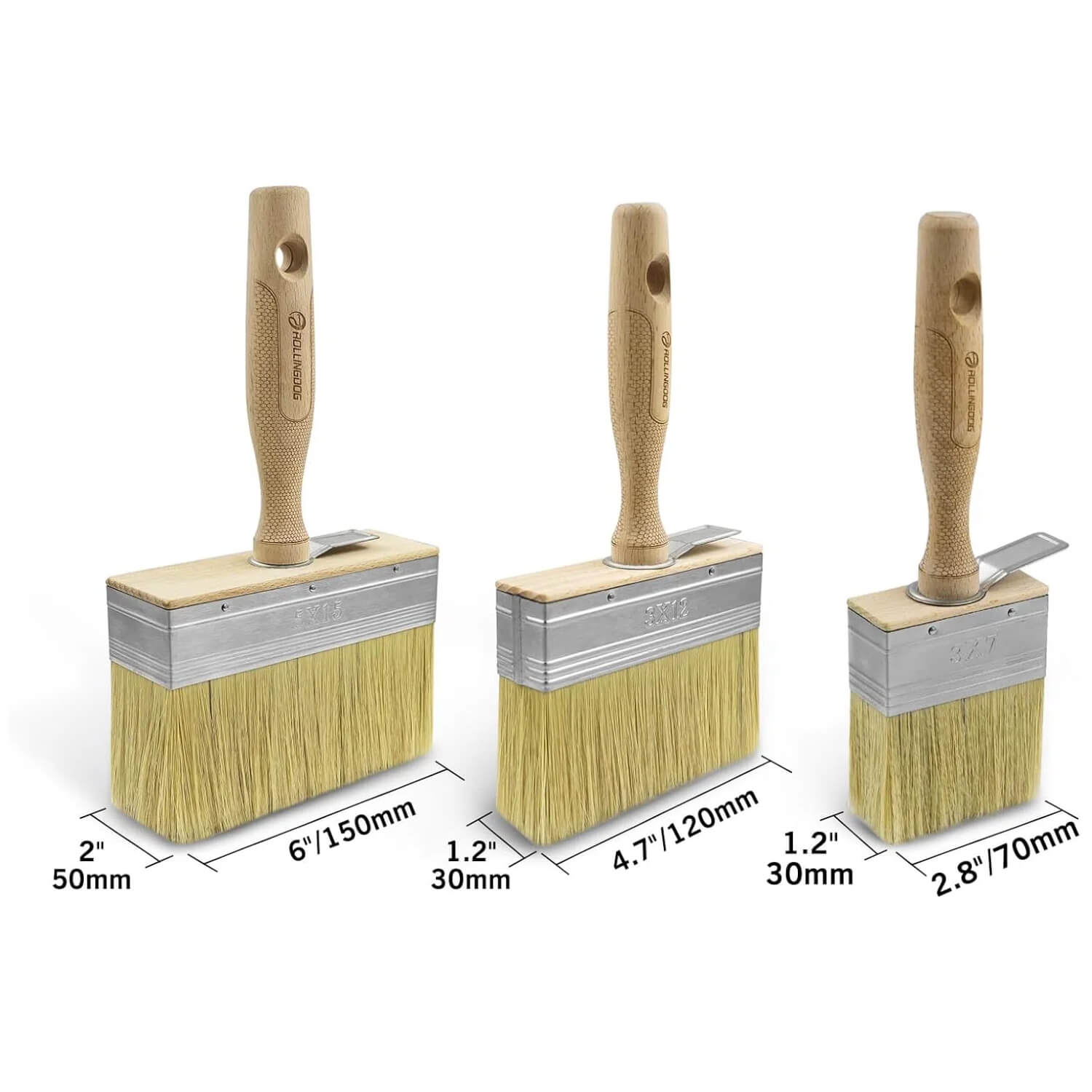 Size specifications of ROLLINGDOG limewash brush set for wall and deck painting