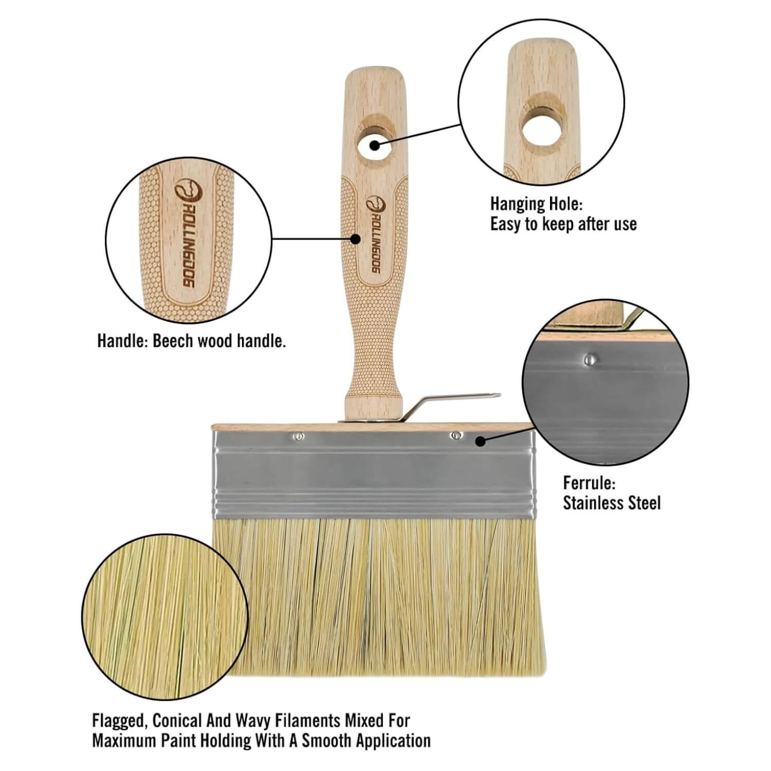 Close-up of ROLLINGDOG limewash brush showing bristle texture and wooden handle detail