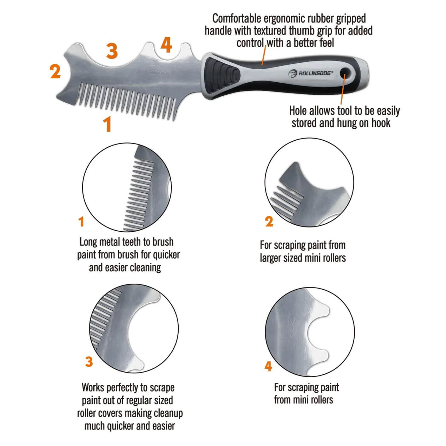 Features of ROLLINGDOG 4-in-1 paint brush comb