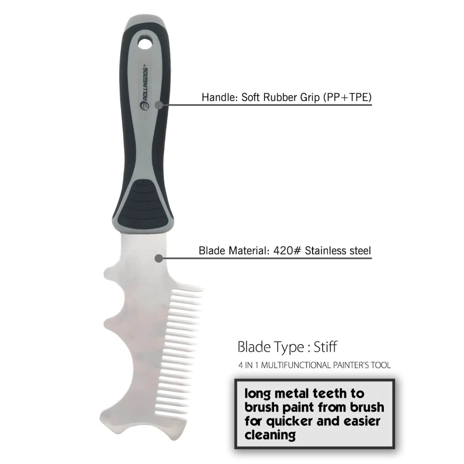 Close-up of ROLLINGDOG paint brush comb showing stainless steel blade and rubber handle