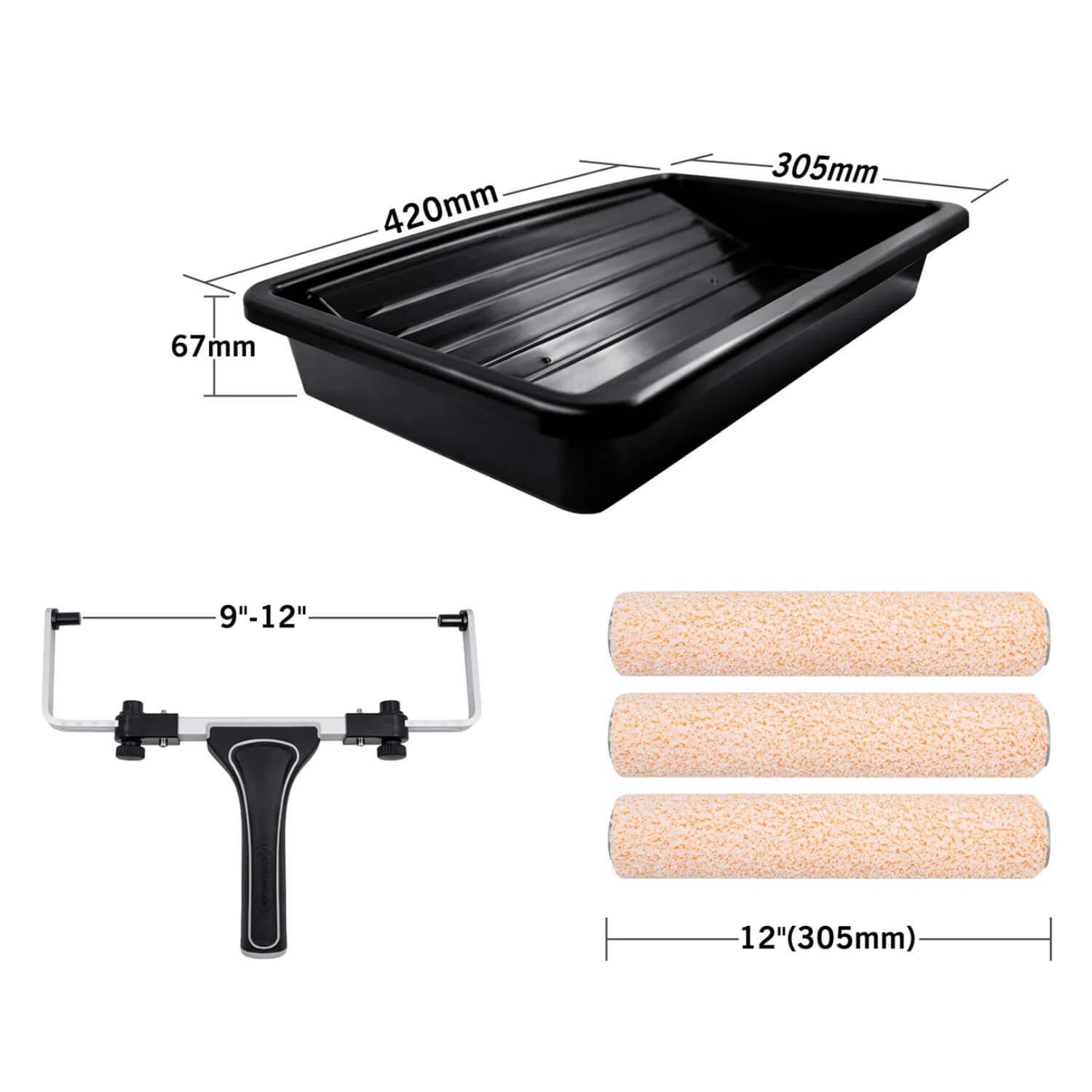 Size chart showing dimensions of ROLLINGDOG 12 inch paint roller kit