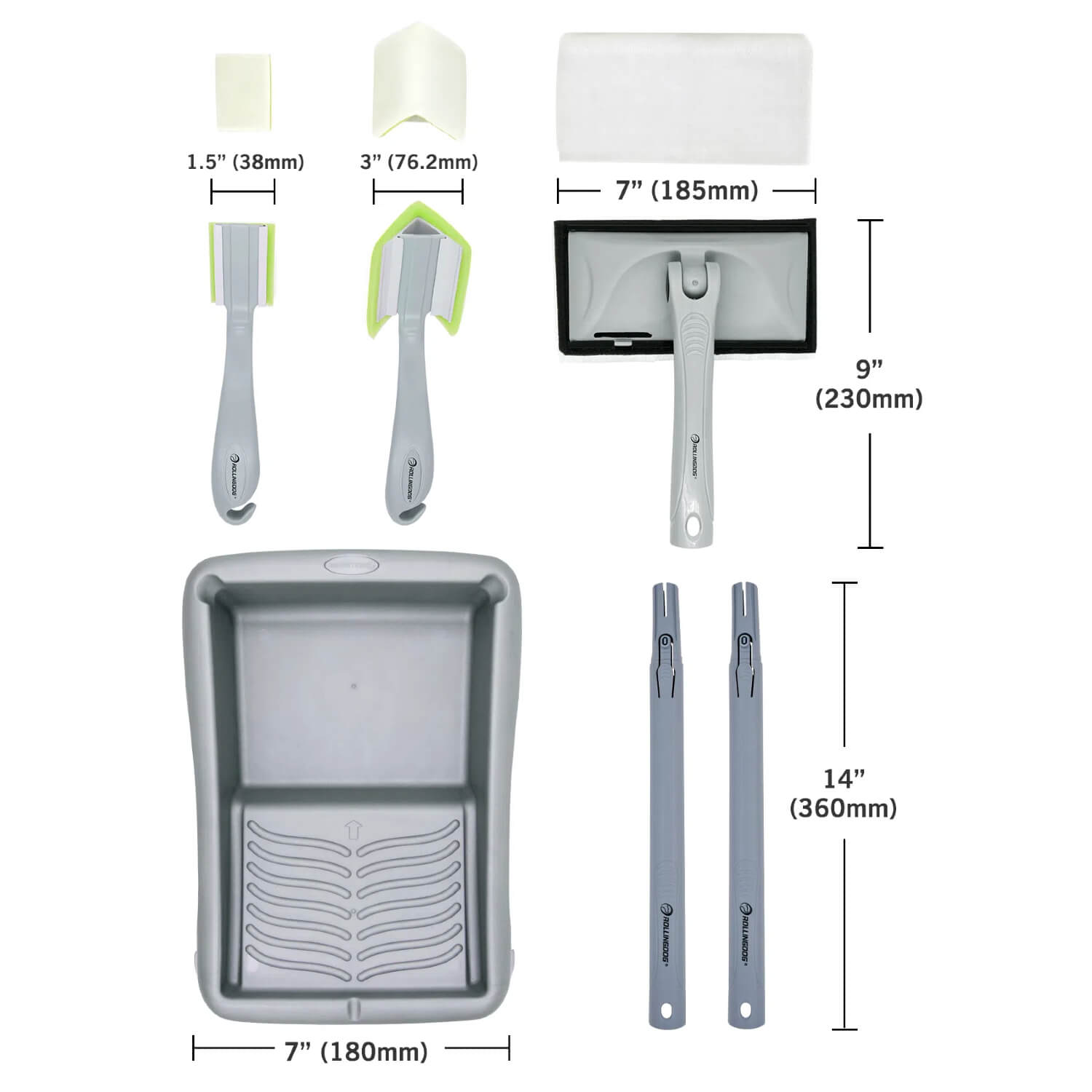 Size chart showing dimensions of ROLLINGDOG paint pad kit
