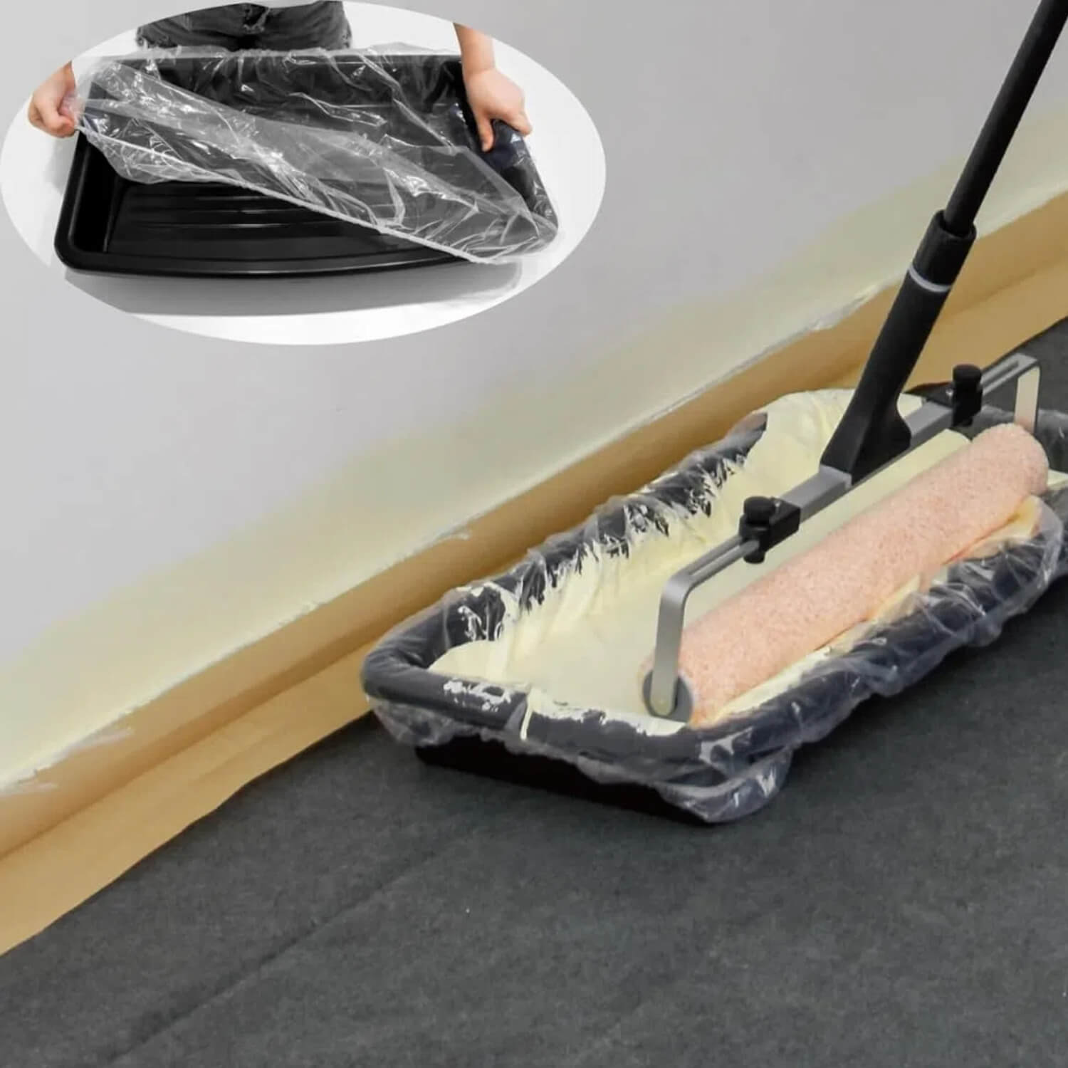 paint tray liner included in the 18 inch paint roller kit for quick and easy cleanup