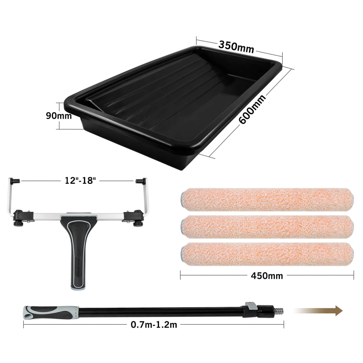 Size chart showing dimensions of ROLLINGDOG 18 inch paint roller kit