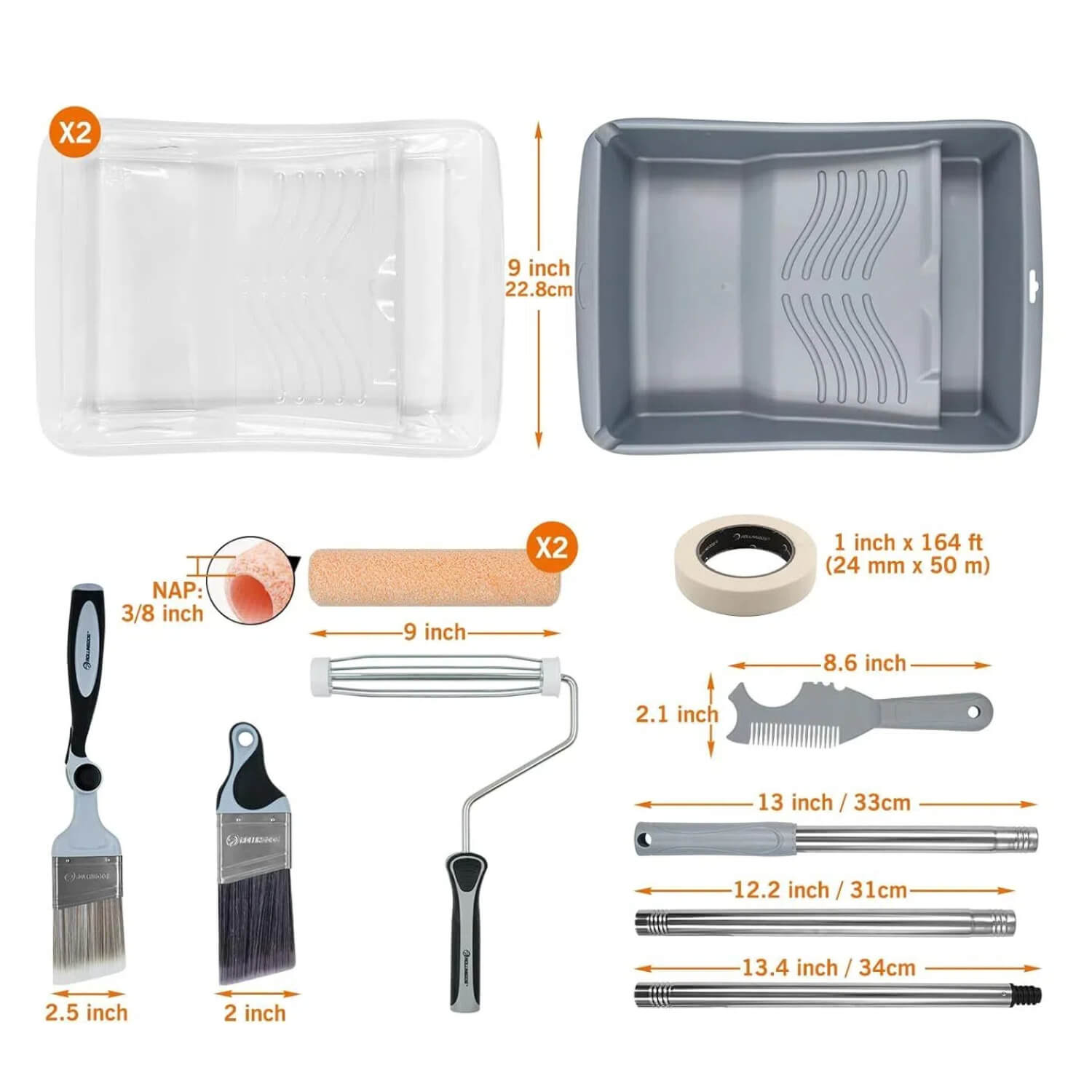 Size chart showing dimensions of ROLLINGDOG 9 inch paint roller kit