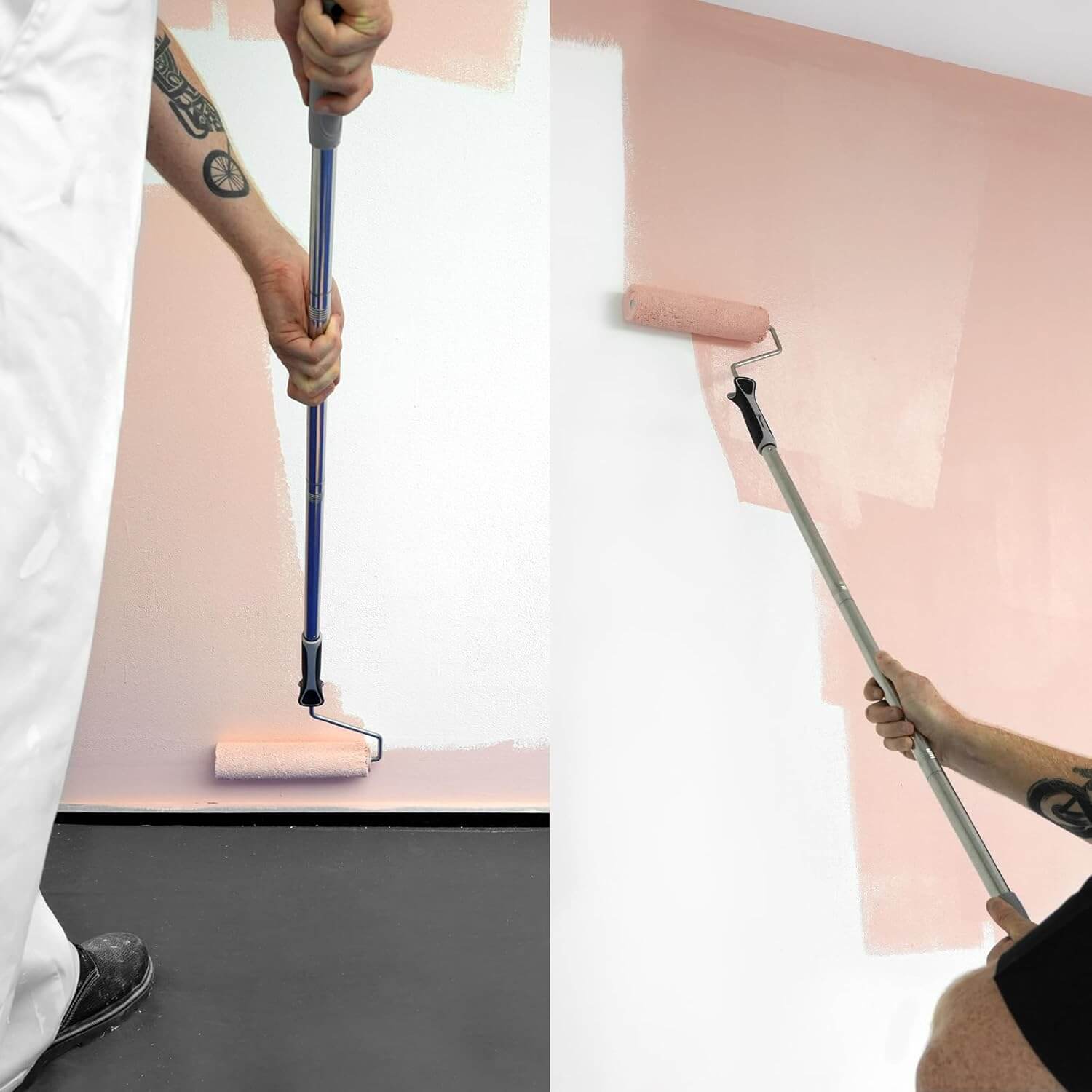 DIY painter using 9 inch paint roller with extension pole to reach high walls and ceilings easily